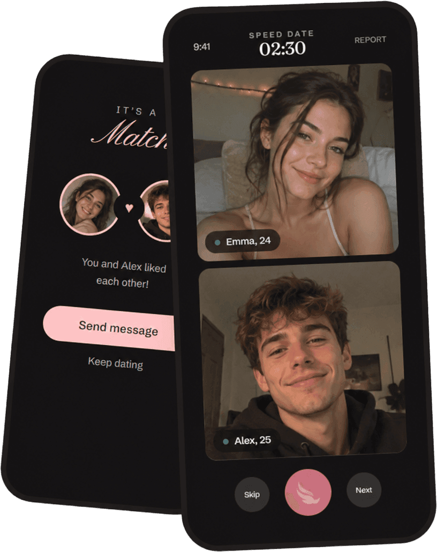 Two phones side by side: a live three-minute Swoon video date with Emma and Alex, and the It's a Match screen that follows.